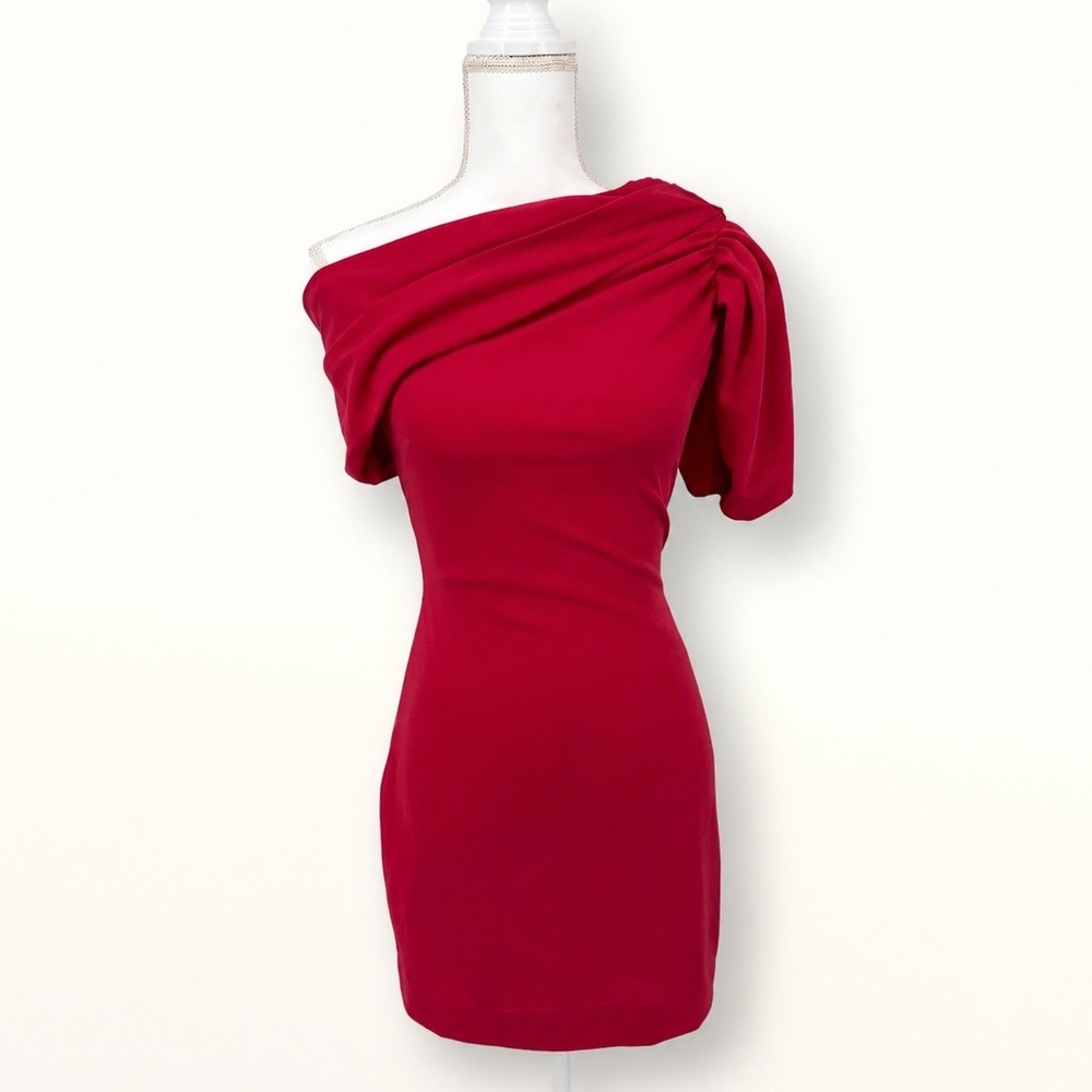 NEW Belle Badgley Mischka 2 Dress Pink One‎ Shoulder Draped Sheath Formal Event